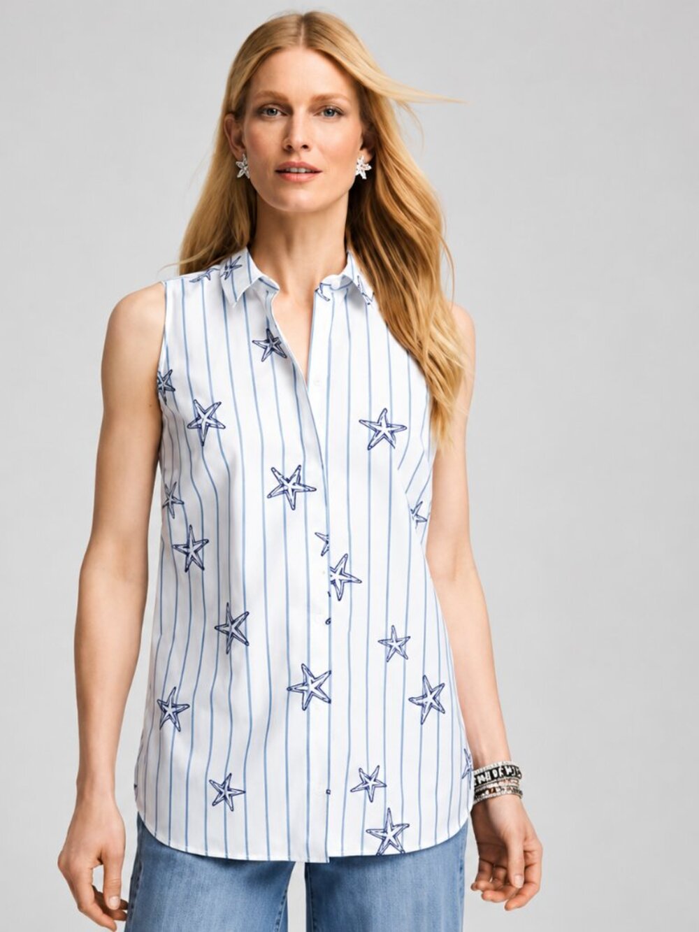 Chico's Shirt Size 0 (4) No Iron™ Starfish Striped Sleeveless Sateen